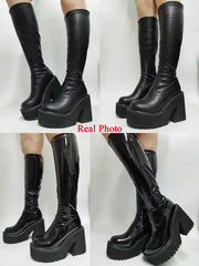 Platform Chunky High Heeled Knee High Boots Cool Round Toe Cute Sweet Heeled Boots Gothic Uniform