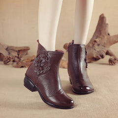 Casual Pu Leather Shoes Ethnic Style Flower Ankle Boots Soft Sole