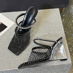 Sandals Rhinestone Mesh High Heels Footwear Elegant Square Toe Transparent Wedges Slippers