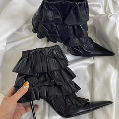 Black Cake Layered Lace Stiletto Ankle Boots Woman Side Zipper Pointed Toe Boots Wedding Shoes