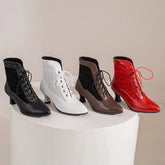 White Red Victorian Pointed Toe Ankle Boots PU Leather Embroidered Laces Punk Cross-tied Kitten High Heel Shoes Plus Size