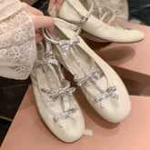 Rhinestone Bow T-Strap Round Toe Flat Ballet Shoes Woman Buckle Mary Jane Shoes Woman Pumps