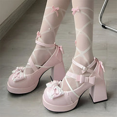 Lolita Bow Bow Decor Pumps Platform Chunky High Heels Ankle Strap Sweet Cute Elegant Pumps