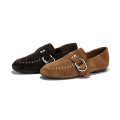 Genuine Leather Flats Metal Buckle-Decorated Suede Loafers Light Comfortable Cow Suede Shoes