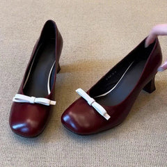 Retro Bowknot High Heeled Mary Jane Shallow Comfort Round Toe Elegant Office Shoes Talons Femme