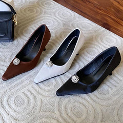Silk Rhinestone High Heels Pointed Toe Pumps Elegant Office Shoes Shallow Brand Banquet