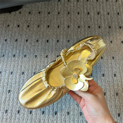 Round Toe Flower Sandals Flat Mary Janes Elastic Band Casual Ballet Shoes Slip On Wrinkles Elegant
