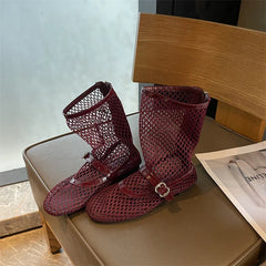 Woman Ankle Boots Burgundy Mesh Flat Shoes Porosity Round Toe Low Heels Shoes White Flats Size 43 Botas Feminino