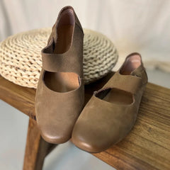 Flat Shoes Genuine Leather Retro Round Toe Flat Ballet Shoes Mary Jane Single Shoe Flats
