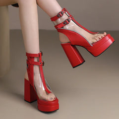 Brand Chic Thick Platform 12cm Super High Heels Ankle Boots Peep Toe Transparent Belt Buckle Slingback Shoes