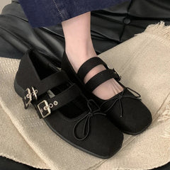 Simple Soft Bottom Buckle Flat Mary Jane Shoes Comfortable Bowknot Square Toe Shoes Backless Loafer Shoes