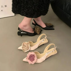 Flower Sandals Elegant Satin Mule Shoes Pointed Toe Pumps Low Heel Flowers Slingback Sandals