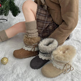 Sweet Lace Decoration Furry Suede Snow Boots Thick Bottom Fluffy Fur Ankle Boots Warm Plush Shoes