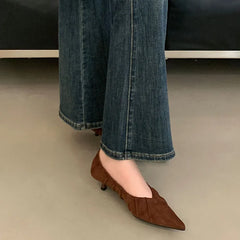 Brand Shoes Pleated Pointed Toe Shallow Slip On Boat Shoes Thin Low Heel Single Shoes