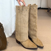 Vintage Thick Heel Western Cowboy Boots Button Combination Splicing Shoes Pipe Long Booties