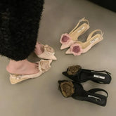 Flower Sandals Elegant Satin Mule Shoes Pointed Toe Pumps Low Heel Flowers Slingback Sandals