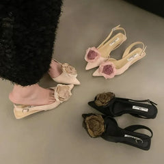 Flower Sandals Elegant Satin Mule Shoes Pointed Toe Pumps Low Heel Flowers Slingback Sandals