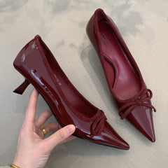 Pointed Toe Pumps Single Shoes Bowknot Patent Leather Office Shallow Elegant Brand High Heels Tacones
