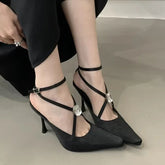 Diamond Silk Thin High Heels Cross-Strap Banquet Crystal Brand Pointed Toe Sandals