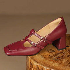 genuine leather double metal buckle t-strap slip-on pumps 7cm thick med heel elegant OL style daily heeled shoes