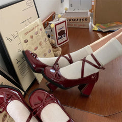 Red Mary Jane Thick High Heels Shoes Lolita Square Toe Shoes Party Leather