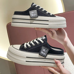 Canvas Platform Wedge Thick Slippers Lace Up Chunky Sneaker Casual Comfy High Brand Breathable Heightening Shoes