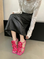Flower Heeled Sandal Silk Rose Flower Open-toe Stiletto Shoes Roman Sandals 35-40 Sizes High Heels