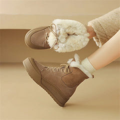 Wool Snow Boots Flats With Platforms Cross-tied Ankle Boots Round Toe Fur Short Warm Boots Shoes