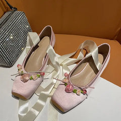 Square toe silk pink ballet shoes flower lace up chunky heel
