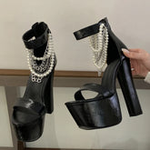 Silver Chain Open Toe Pumps Street Style Chunky Platform Super Square High Heels Zipper Banquet Shoes