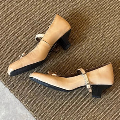 Pleated Square Toe Chunky Heel Mary Jane Shoes Bowknot Design Elegant Heels