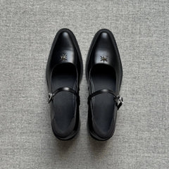 Shallow Mouthed Mary Jane Shoes Thick Heel with A Single Button Leather Shoes Metal Decorative Leisure Flat Shoes