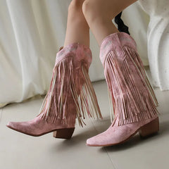 Fringe Western Boots Pink Sweet Embroidered Boots Brown Tassels Block Medium Heels Shoes Plus Size 48 Lady
