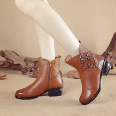 Casual Pu Leather Shoes Ethnic Style Flower Ankle Boots Soft Sole