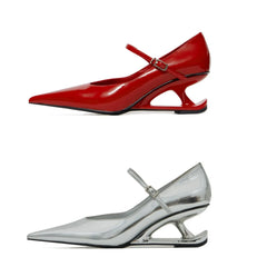 Red Heel Mary Jane Shoes Pointed Toe Style Buckle Leather Shoes Black Party
