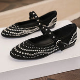 Retro Rivet Mary Jane Shoes Belt Buckle Shallow Round Toe Single Shoes Suede Elegant Ladies