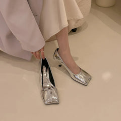 Gold Pumps Shoes Thin High Heels Square Toe Shallow Slip on Work Office Elegant Wedding Shoes