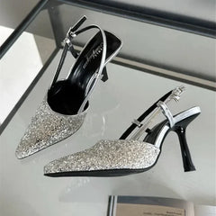 Bling Design Mules Sandals Pointed Toe Thin High Heels Back Strap Banquet Pums