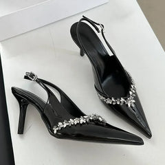 Crystal Pointed Toe High Heels Elegant Party Brand Slingbacks Sandals