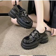 Loafers High Platform 7CM Shoes Thick Sole PU Leather British Metal Buckle Simple Mary Jane Shoes
