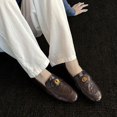Genuine Calfskin Slip On Round Toe Square Heel Shallow Casual Outdoor Shoes