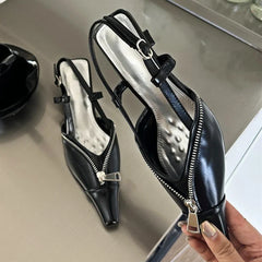 Pointed Toe Low Heels Mule Shoes Zipper Slingback Sandal Party Pumps Elegant Fashions High Heels