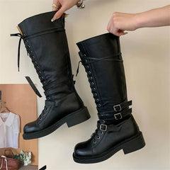Punk Style Cross-Strap Low Heels Knee-High Boots Belt Buckle Round Toe Zipper Shoes
