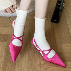 Silk High Heeled Sandals Narrow Band Shallow Low Heel Office Shoes Pointed Toe Pumps Brand Slingback
