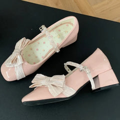 Butterfly-knot Sweet Mary Jane Shoes Elegant Chunky Shallow Pumps Buckle Square Toe High Heels Ladies