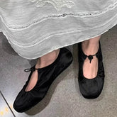 Satin Elastic Band Mary Jane Shoes Genuine Leather Shallow Mouth Flat Shoes Casual Outdoor Comfortable Ballet Shoes