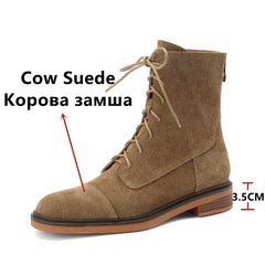 Ankle Boots Office Casual Genuine Leather Wool Low Heels Comfortable Shoes Woman High Quality