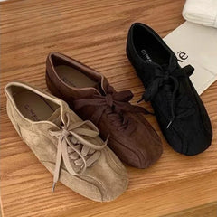 Suede Retro Lace Up Casual Flat Shoes Comfort Shallow Footwear Brown Brand Ballet Sneakers