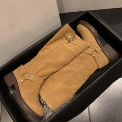 natural suede leather slip-on knee high boots thick sole platform flats long boots metal buckle punk shoes