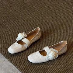 Brown Leather Mary Jane Flats Square Toe Elastic Strap Flower Decoration Stylish Footwear